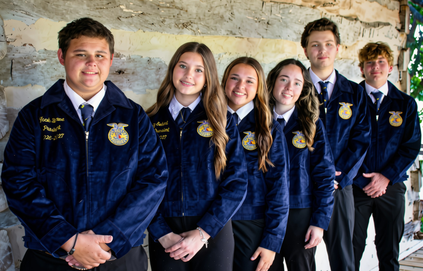 This image shows six students in their FFA Official Dress standing along a log cabin wall. These students are the 2026-2027 Navarro FFA Officers.